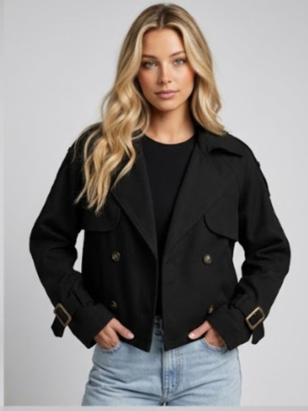Black Modern Minimalist Short Trench Coat | Tailored Cropped Layering Jacket